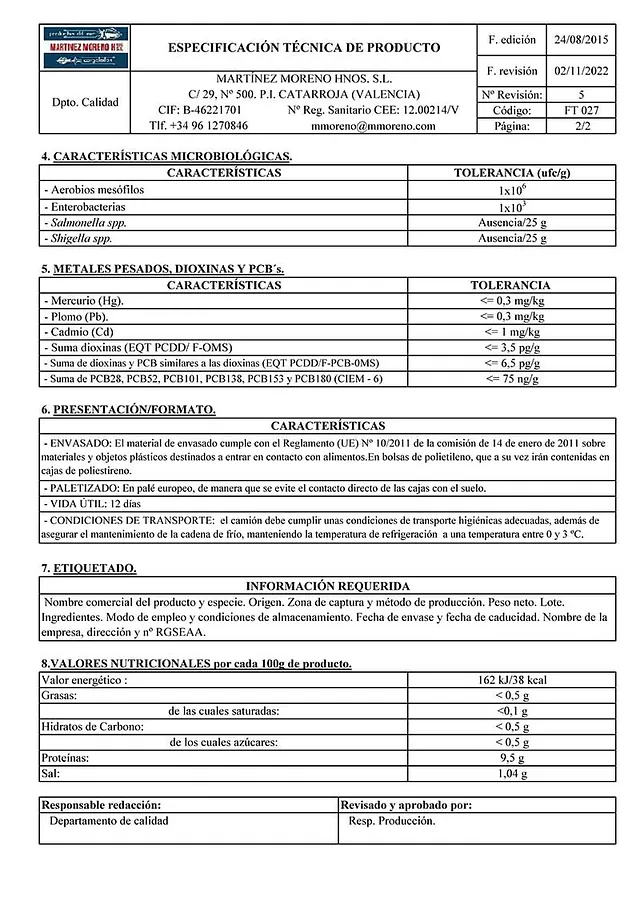 Tiras de Potón Elaboradas ficha técnica