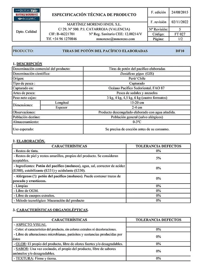 Tiras de Potón Elaboradas ficha técnica
